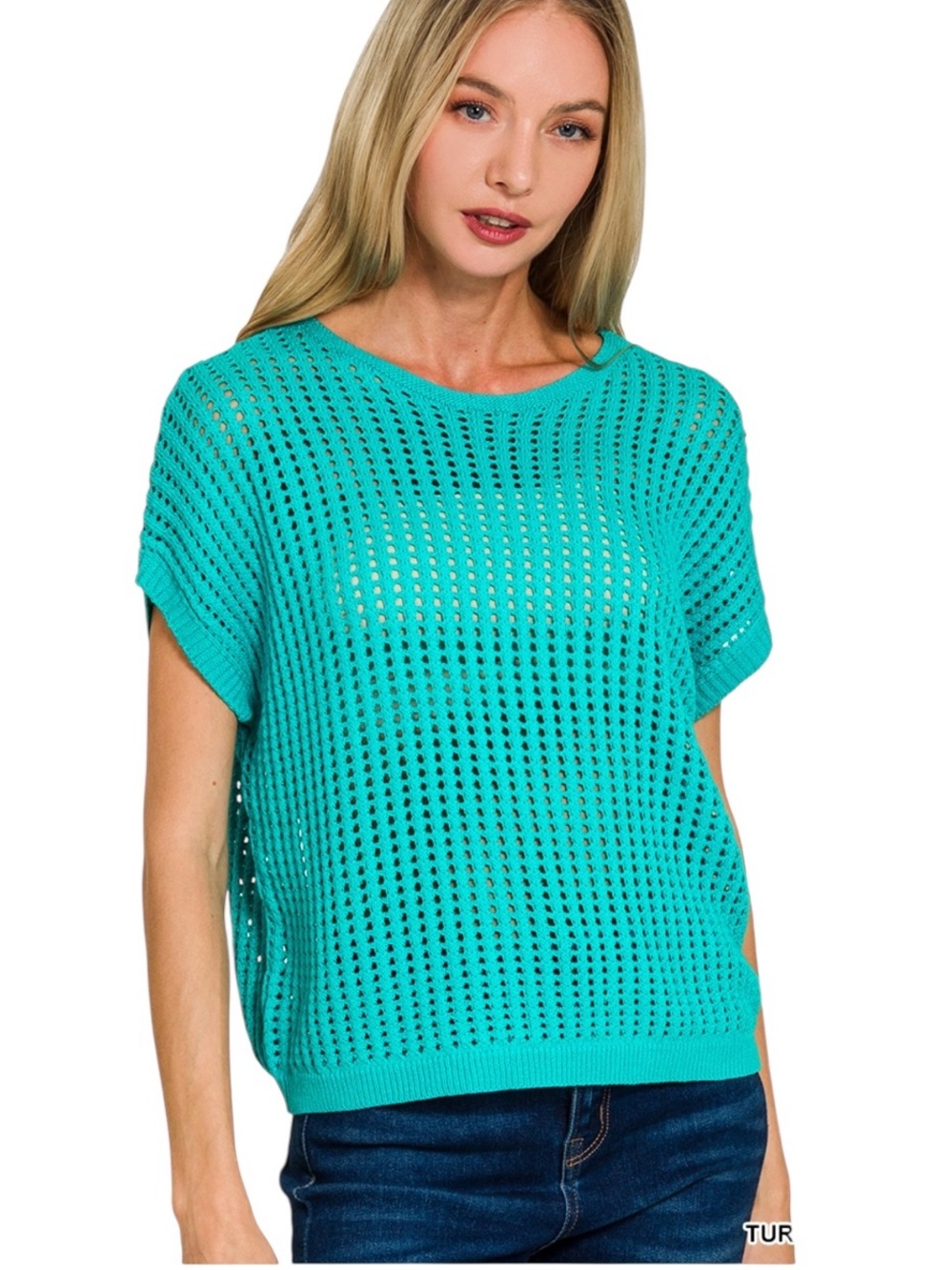 Zenana Turquoise Viscose Open Crochet Knit Short Sleeve Top